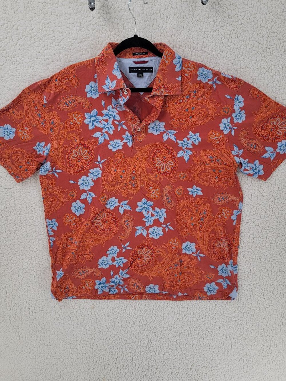 Tommy Hilfiger Men's XL Orange Paisley & Floral Mercerized Cotton Polo Shirt